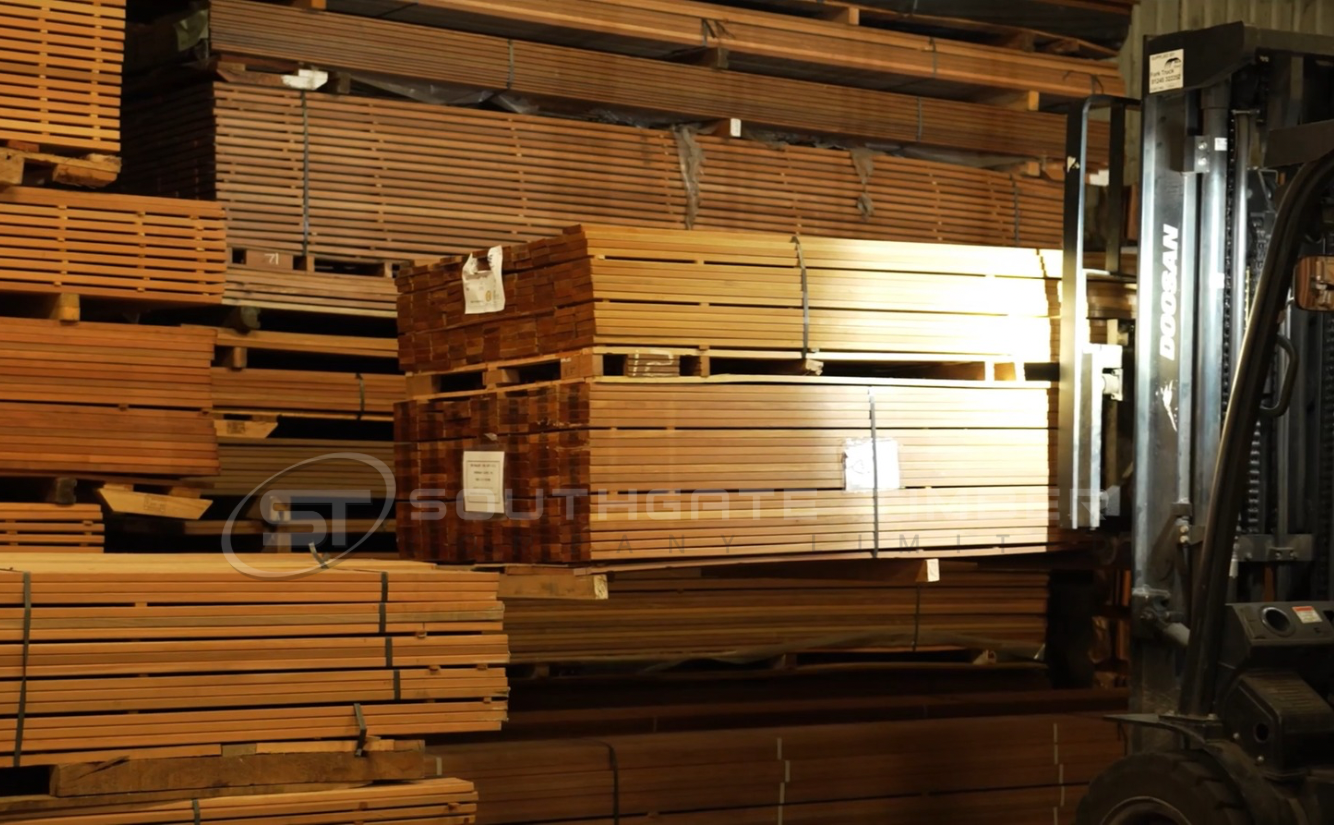 Southgate Timber warehouse showing large volumes of stacked timber boards, highlighting stock availability, scale and reliable supply from a leading UK timber merchant.